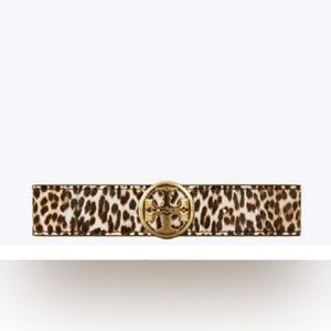 Tory Burch Willa 1.5” Grommets Logo Leopard Print Leather Belt with Gold Buckle
